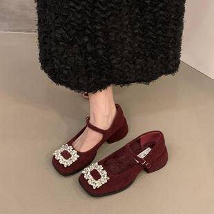 呢子毛 酒红色法式 水钻方头玛丽珍女秋冬粗跟一字带方扣加绒单鞋