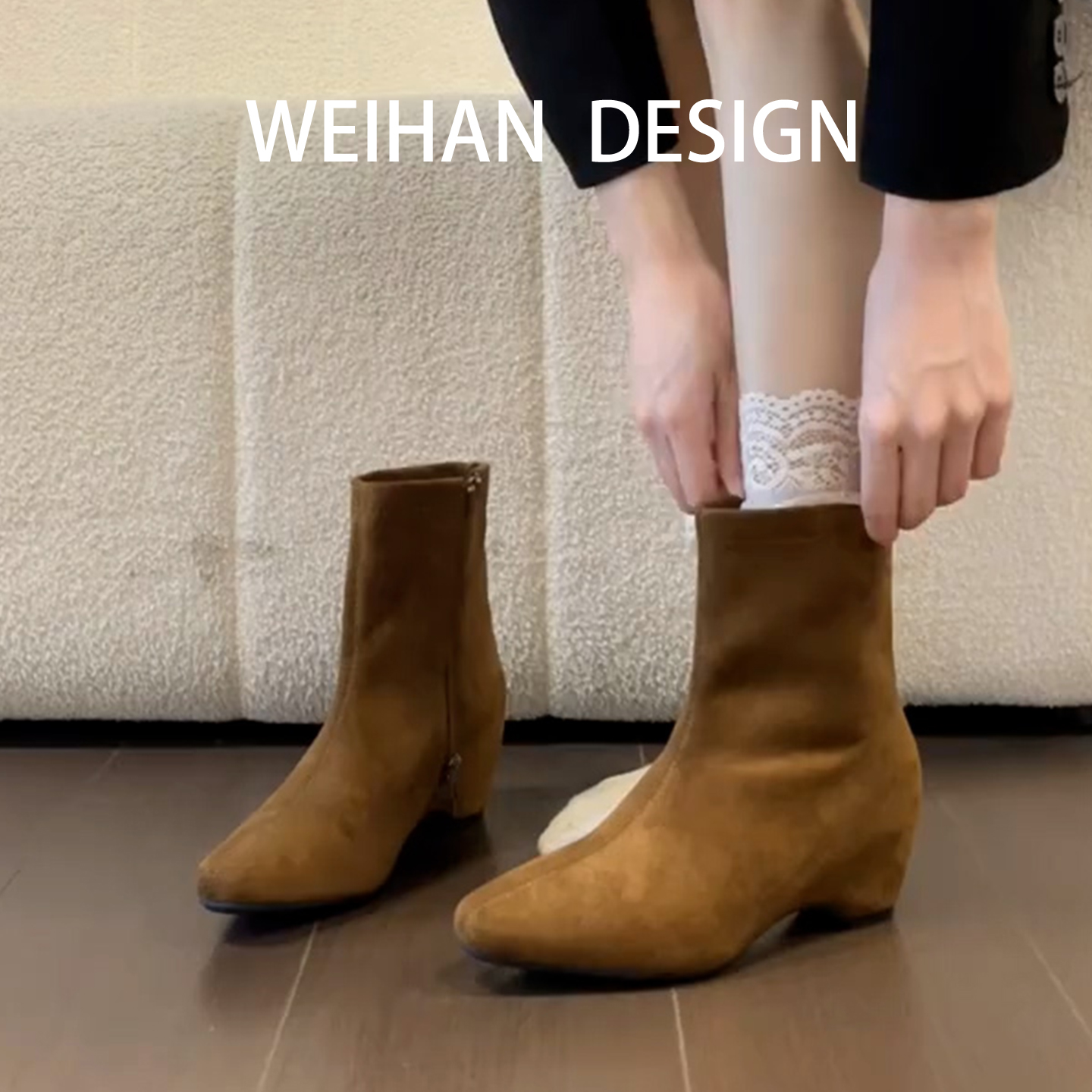 韩系小方头瘦瘦靴女复古绒面内