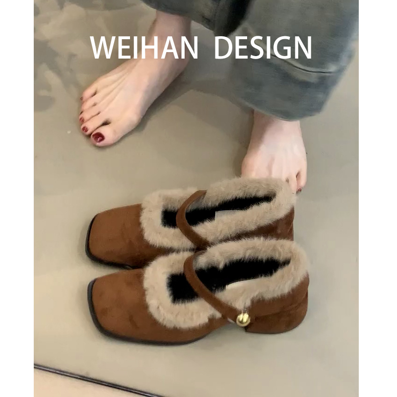 加绒保暖玛丽珍鞋方头法式棉单