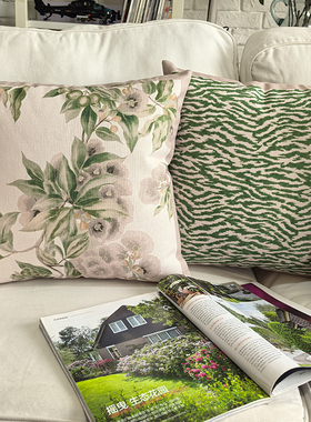法式复古风格绿色图案棉麻双面抱枕套沙发靠垫腰枕床头大靠枕靠背