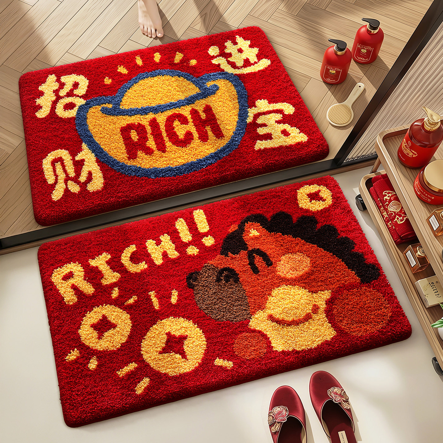 大江马年浴室地垫红色喜庆地毯卫生间脚垫2026新款吸水速干防滑垫,居家布艺,家用脚垫,淘宝优惠券,粉丝福利购,淘宝优惠卷