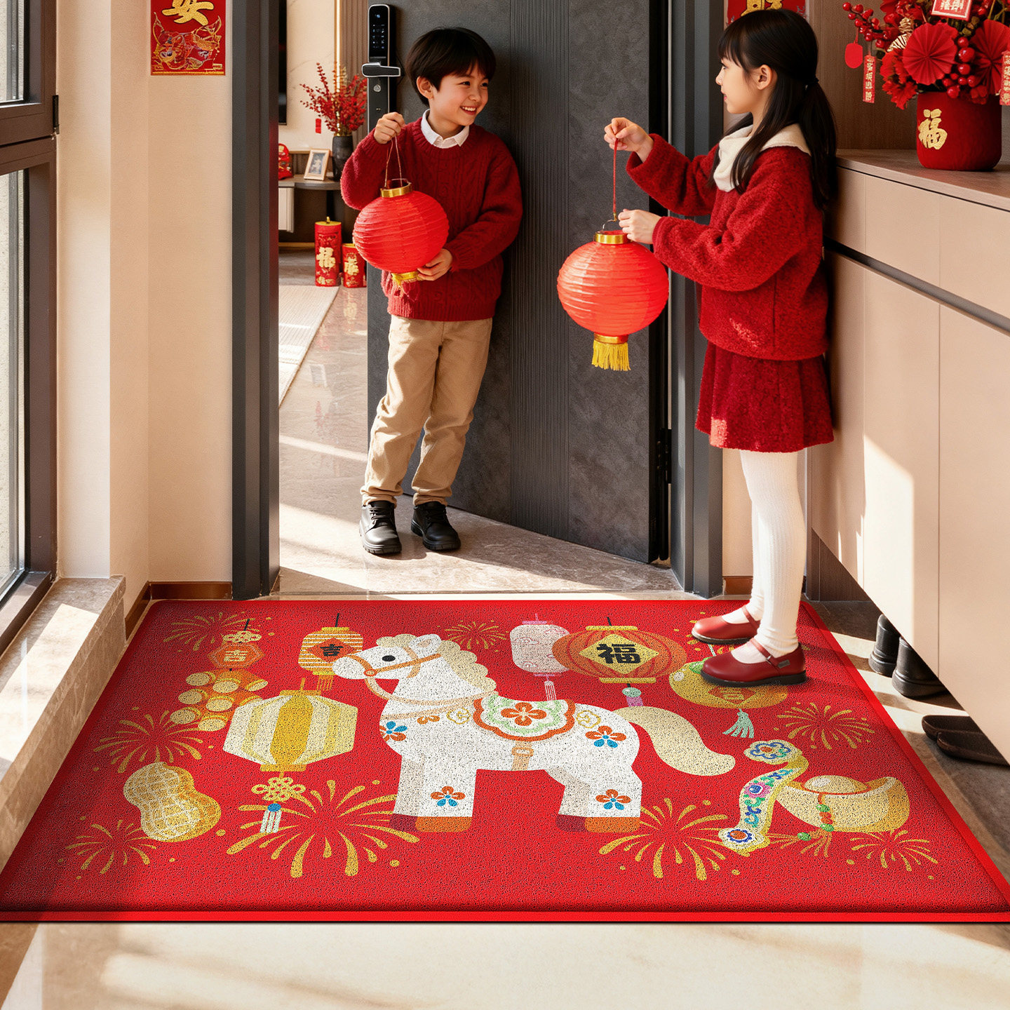 大江马年入户门地垫红色喜庆玄关进门口丝圈脚垫2026新款防滑地毯,居家布艺,入户地垫,淘宝优惠券,粉丝福利购,淘宝优惠卷