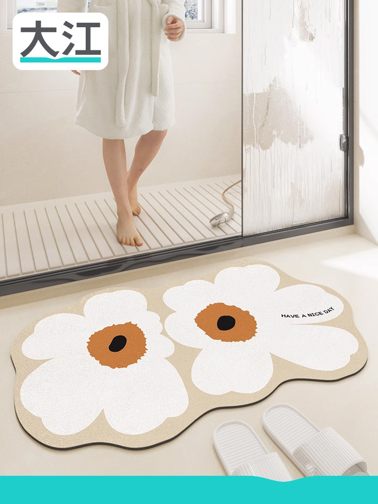 大江浴室地垫超吸水卫生间防滑脚垫子白色花朵厕所门口卫生间地毯