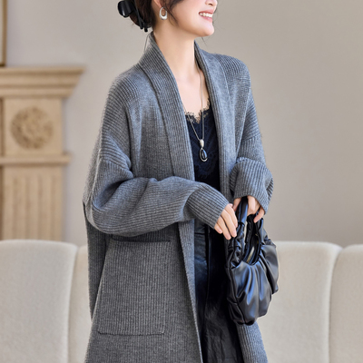 大翻领针织开衫中长款宽松