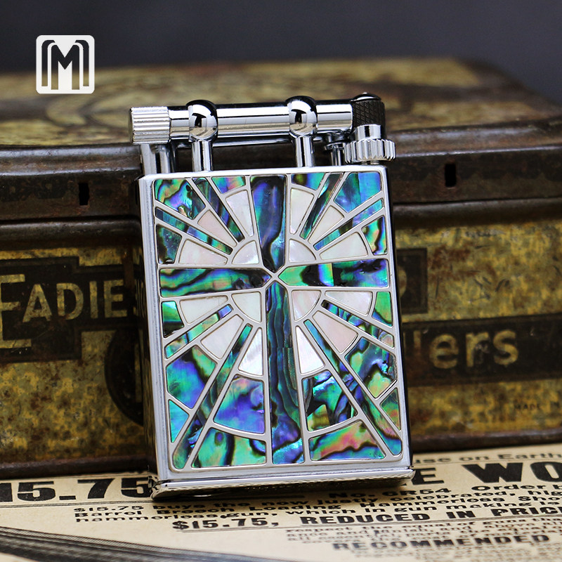 日本进口Marvelous玛乐思纯铜煤油打火机天然贝壳贴章十字架拼图