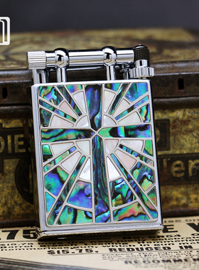日本进口Marvelous玛乐思纯铜煤油打火机天然贝壳贴章十字架拼图