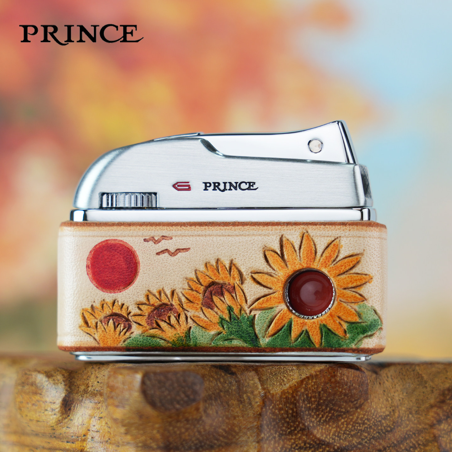 日本王子PRINCE气体砂轮经典打火机向日葵牛皮彩绘个性创意礼物
