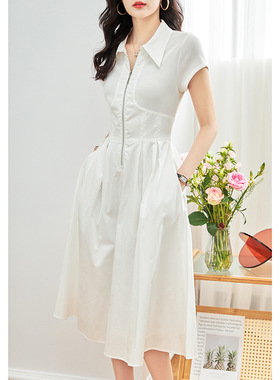 2311401-简约净色翻领拉链门襟坑条针织拼人棉收腰名媛气质连衣裙