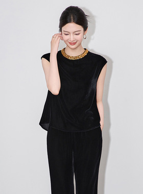 2510201-高货时尚圆领重工亮片钉珠洋气通勤风丝绒上衣女夏款南油