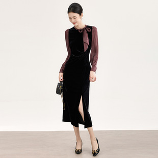 2601308-南油蝴蝶结系带领金丝绒拼琉璃纱轻熟褶皱开衩礼服连衣裙