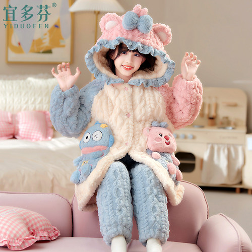 女童三层夹棉睡袍睡衣加绒家居服