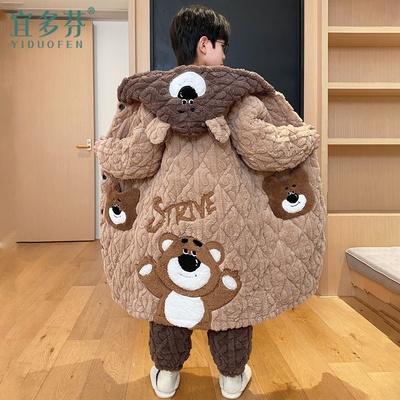 2025新款儿童睡衣男童冬季三层夹棉加厚珊瑚绒睡袍男孩大童家居服