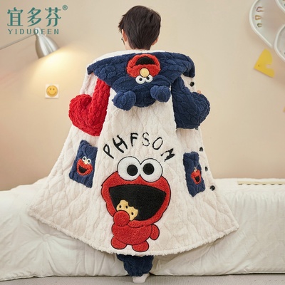 儿童睡衣男童2025新款冬季珊瑚绒加厚三层夹棉长款睡袍男孩家居服