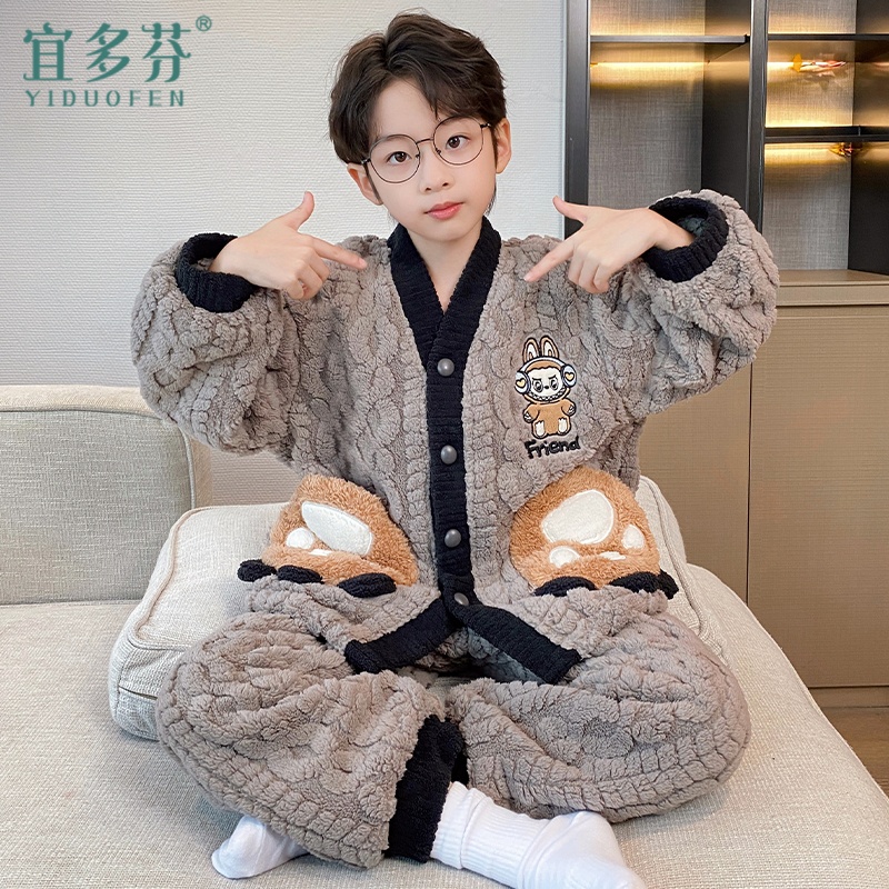 男童睡衣儿童秋冬季珊瑚绒加绒加厚款软绵绵法兰绒男孩家居服套装