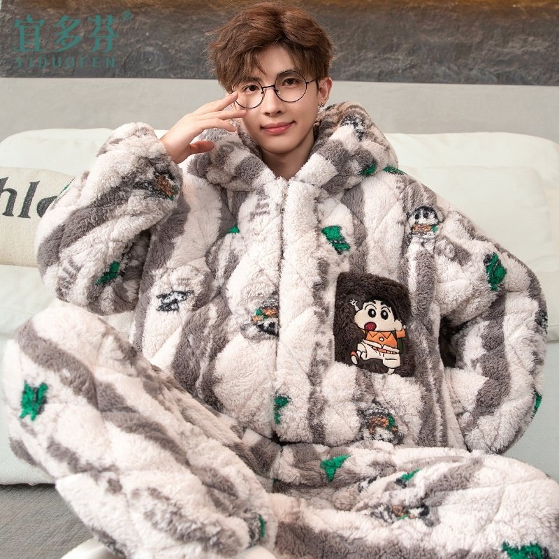 三层夹棉睡衣男款冬季加厚加绒珊瑚绒2025新款冬天男士连帽家居服,女士内衣/男士内衣/家居服,睡衣/家居服套装,淘宝优惠券,粉丝福利购,淘宝优惠卷