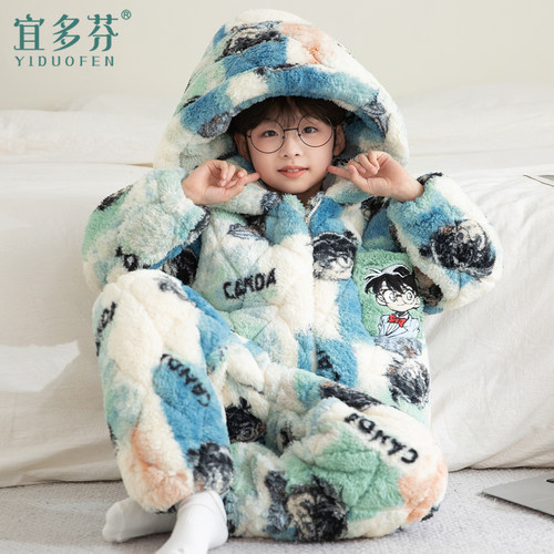 儿童睡衣男童冬款加厚款三层夹棉珊瑚绒大童男孩2025新款秋冬套装