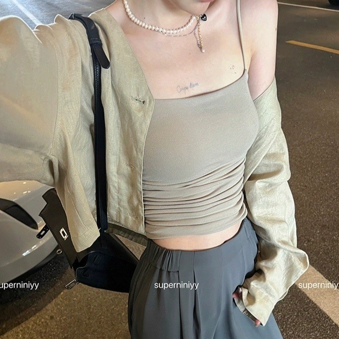 小云肌内衣新款甜酷风感褶皱收腰吊带背心乳胶胸垫显瘦防走光打底