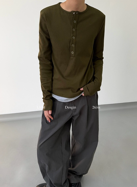 Untit 韩版亨利领长袖T恤男假两件坑条针织衫高弹修身打底衫