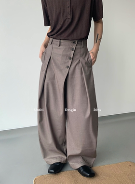 Untit 复古老钱风高腰褶皱阔腿西裤男排扣设计感宽松垂感长裤