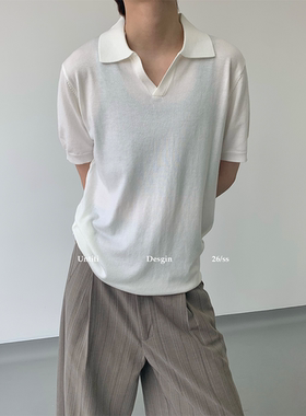 韩系简约小众设计感翻领针织polo衫男女短袖氛围感老钱风羊毛上衣