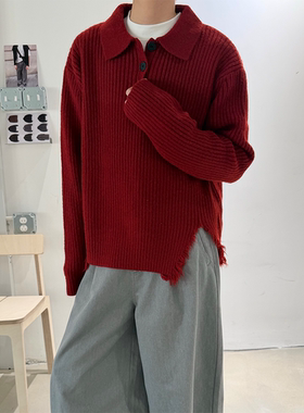 MONO 翻领POLO衫毛衣男女慵懒风宽松针织衫红色情侣装