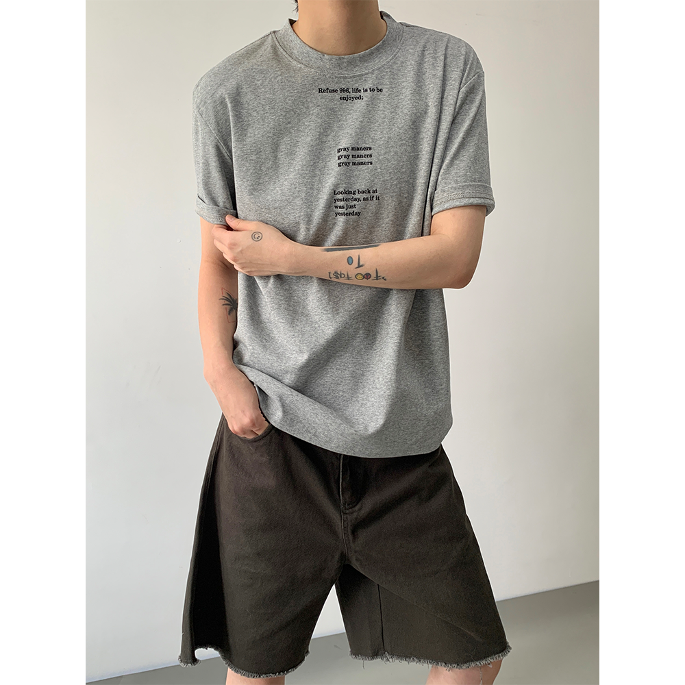 MONO韩版夏季休闲正肩T恤纯色小领口半袖字母印花修身上衣男女款