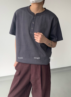 Untit 老钱风亨利领短袖T恤男宽松百搭慵懒纽扣设计上衣