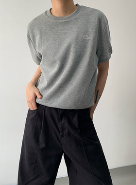MONO 小众简约刺绣华夫格短袖男宽松休闲高级感纯色慵懒运动T恤