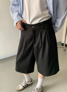 黑色西装短裤 夏季休闲短裤纯色打褶设计感阔腿七分裤宽松男女