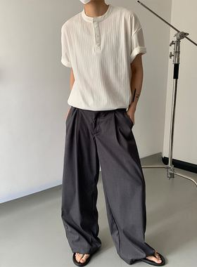 老钱风亨利领短袖T恤简约复古慵懒风薄款透气竖条纹理百搭上衣