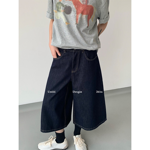 复古原色宽松七分牛仔裤男