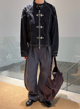 MONO 美式复古立领飞机扣牛仔外套男廓形短款机车夹克潮流