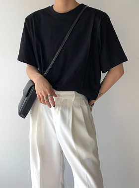 ADCE 精致韩风高级感垫肩纯色T恤质感宽松极简短袖打底衫潮男女款