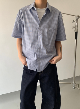 ADCE 极简复古夏季休闲短袖衬衫小众宽松短款格子衬衣条纹男女