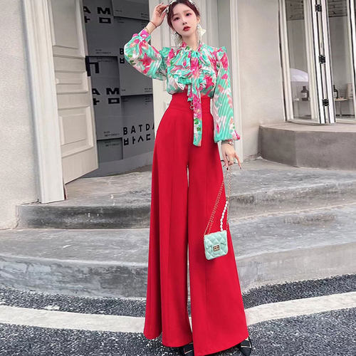 2023夏季印花高腰阔腿裤两件套