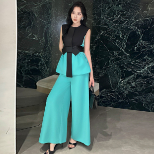 修身显瘦拼色无袖上衣高腰垂感阔腿长裤一整套高级小众不撞款套装