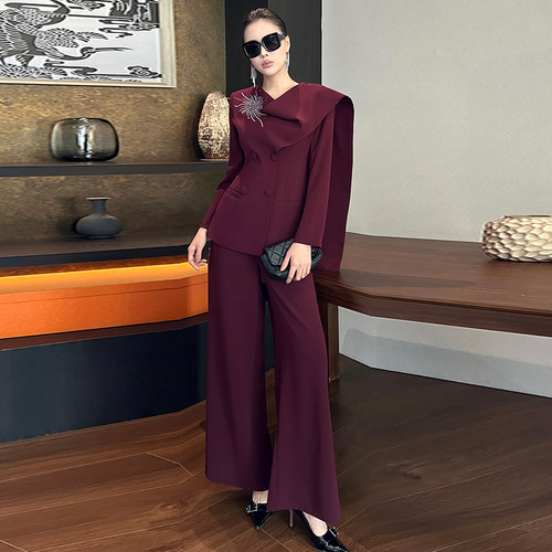 西装上衣高腰阔腿长裤秋冬两件套