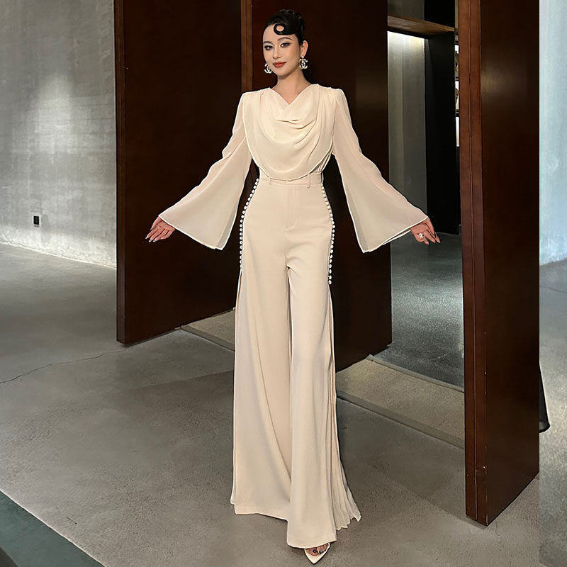 荡领雪纺长袖宽松上衣高腰钉珠阔腿长裤巨好看漂亮两件套装女夏季