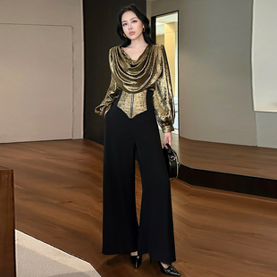 穿搭套装 长袖 又酷又飒 上衣高腰垂感拼色阔腿长裤 女秋冬 荡领修身
