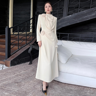 立体花荷叶边遮肚子长袖 收腰包臀御姐感连衣裙女长裙 气质显瘦修身