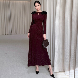 钉珠性感开叉高弹垂感气质显瘦收腰长袖 连衣裙女秋冬 独特超好看
