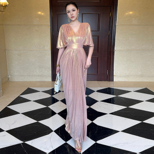 烫金弹力垂感高腰气质显瘦修身包臀V领性感连衣裙女夏季女士长裙