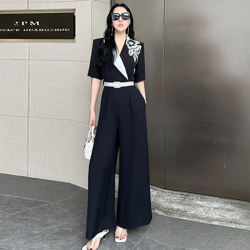 高腰加长阔腿刺绣连体裤女夏新款