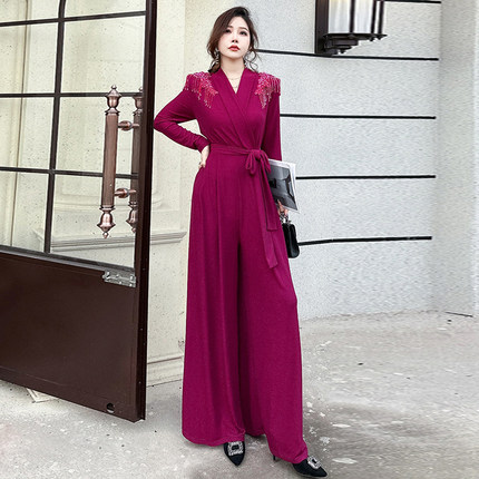 气质女神范法式高弹高垂感修身收腰遮肚子重工钉珠连体裤2025新款
