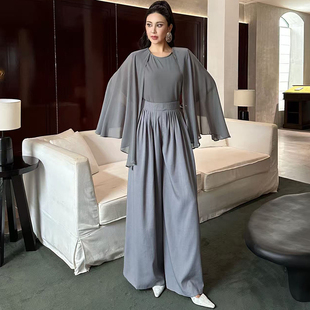 飘逸感雪纺拼接宽松上衣高腰百褶阔腿裤女装套装轻奢高级感女人味