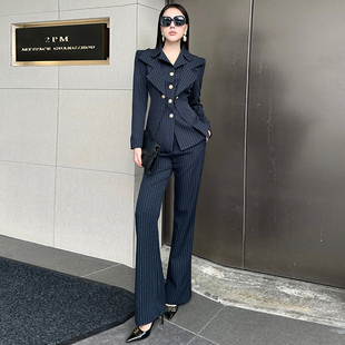 时尚长袖单排扣休闲西装套装女职业正装高腰微喇叭长裤两件套秋冬