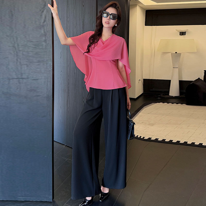 雪纺拼接荡领气质显瘦修身上衣高腰遮跨阔腿长裤夏季套装女两件套