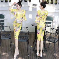 Váy mid-length nữ slim slim hip hoa phong cách Trung Quốc váy đầm retro áo choàng cổ chữ V - Sản phẩm HOT đầm maxi