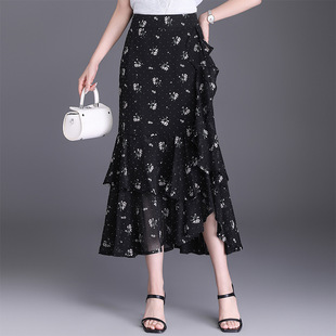 碎花雪纺纱印花鱼尾半身裙女夏季新款不规则a字裙中长款高腰裙子