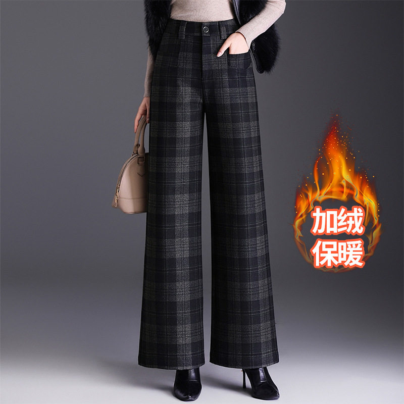 毛呢格子阔腿裤女春秋冬加绒新款休闲裤